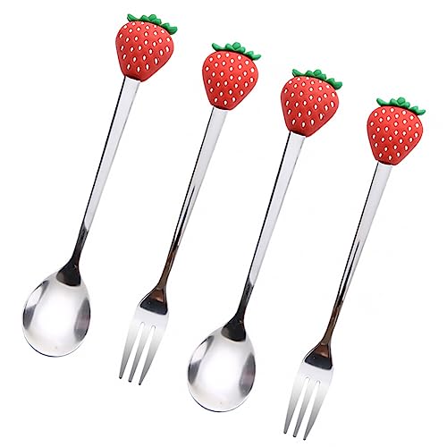 BESTonZON 4 Stück Löffel Aus Edelstahl Erdbeerlöffel - Und Löffelset Kleines Besteck Süße Esslöffel Zuckerlöffel Salatlöffel Pudding Konzentrieren Obstlöffel Kieselgel Kind von BESTonZON