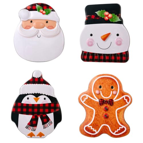 BESTonZON 4 Stück Weihnachten Metalldose Keksedose Blechdose Plätzchendose Gebäckdose Weihnachtsmann Schneemann Lebkuchenmann Pinguin Form Metallbox Aufbewahrungsbox für Weihnachten Geschenk von BESTonZON