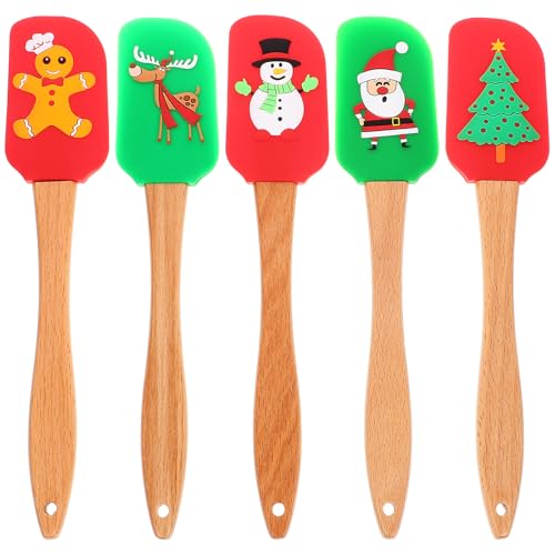 BESTonZON 5 Stück Weihnachten Silikon Spatel mit Holzgriff Teigschaber Küchenspatel Silikon Gummispatel Weihnachtsmotiv Kuchenschaber für Plätzchen Backen Weihnachtsbäckerei Gemischter Stil von BESTonZON