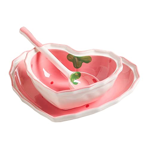 BESTonZON Dessertschalen aus Keramik Teller: Süße Herzform Salatschüssel Erdbeer Porzellanteller mit Löffel Müslischalen Vorspeise Beilage für Suppe Snacks EIS Rosa von BESTonZON
