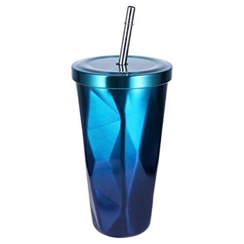Edelstahl Tumbler mit Stroh Doppelwand Trinkbecher Kaffeetassen 500ml Unregelmäßiger Diamant mit Deckel (Blau-grün) von BESTonZON