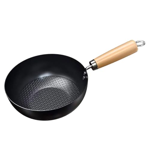 BESTonZON Eisen Wok mit Holzgriff Bratpfanne Kochtopf Wokpfanne 24cm Hot Pot Topf Induktion Asia Kochpfanne Omelette Eierpfanne Gourmet Pfanne Omelettpfanne Zuhause Restaurant Küche von BESTonZON