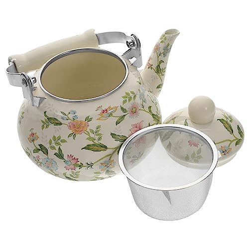 BESTonZON Emaille- Mit Floralem Muster Keramik-Emaille-Teekessel Heißwasser-Teekessel Mit Teesieb 1 5 L Vintage- Kaffee-Heizkessel Für Die Hausversorgung Weiß von BESTonZON