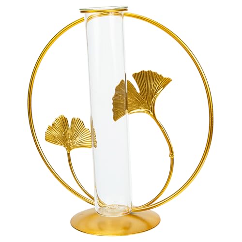 BESTonZON Hydroponische Glasröhrenvase mit Metall Ginkgoblatt Klare Borosilikat Glasschale Langlebiger Tisch Deko Blumenhalter Eleganter Wasserpflanzen Behälter für Innenräume von BESTonZON
