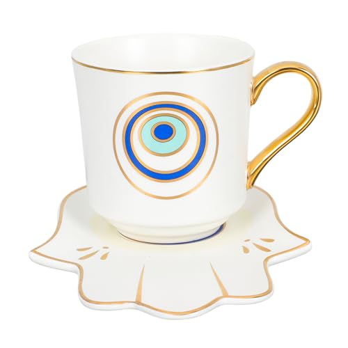 BESTonZON Kaffeebecher Keramik Tasse Böse Auge Kaffeetassen mit Untertasse Evil Eye Porzellan Becher Nazar Boncuk Frühstück Cappuccino Tassen Türkische Teetassen Milch Keramiktassen Büro Mug von BESTonZON