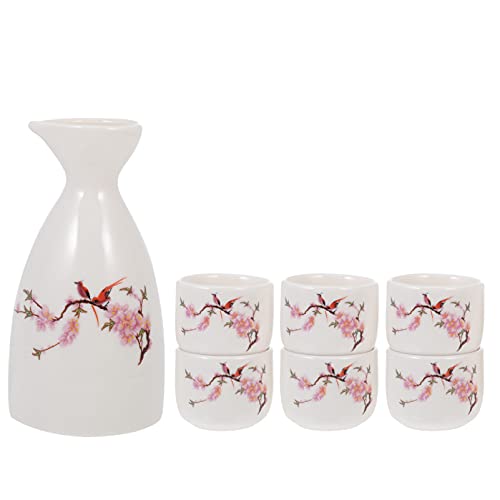 BESTonZON Keramik Japanischen Sake Set: 1 Portion Karaffe 6 Tassen Pfirsich Blossom Muster für Heiße Oder Kalte Sake von BESTonZON