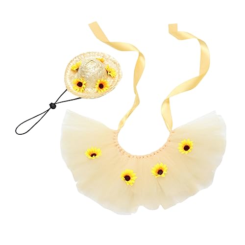 BESTonZON Leichtes Teiliges Haustier Set mit Strohhut Netzrock und Blumenkranz Atmungsaktiv und Komfortabel für Kleine Hunde und Katzen bei Outdoor Urlaub Strand und Fotosessions von BESTonZON