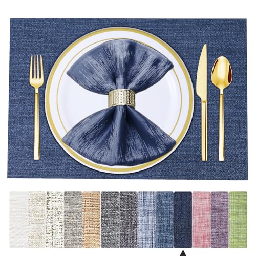 BETEAM Platzsets Abwaschbar 12er Set Vinyl Tischsets für Esstisch Waschbar Küchen Platzdecken Langlebige Tischsets für Drinnen Draußen-01 Navy Blau, 12er Set von BETEAM