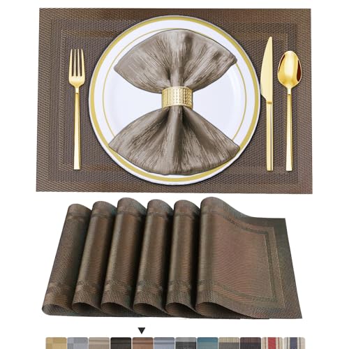 BETEAM Platzsets Abwaschbar 6er Set Vinyl Tischsets für Esstisch Waschbar Küchen Platzdecken Langlebige Tischsets für Drinnen Draußen-02 Braun, 6er Set von BETEAM