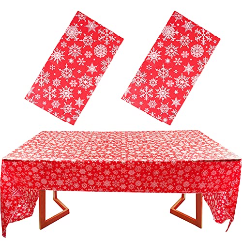 2 Stück Party Tischdecken Weihnachten Rot 54 x 108 Zoll (137 x 274cm) Rechteckig Wasserabweisend Schneeflocken Tischtuch Abwischbare Kunststoff Tischdecke für Party Weihnachten Geburtstag usw. von BETESSIN