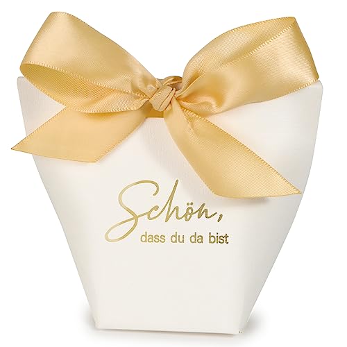 25 Stück Hochzeit Geschenkboxen 6x6x10cm Weiß - Schön, dass du da bist- Geschenkschachtel Papierbox für Gastgeschenk Hochzeit Taufe Geschenkverpackung Babyparty Kommunion usw. von BETESSIN