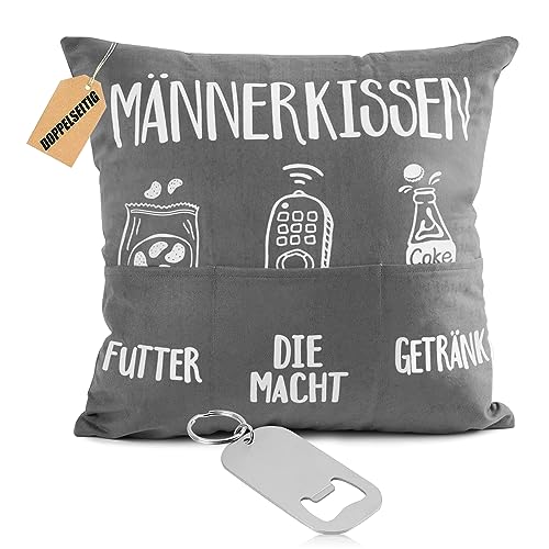 BETESSIN Männerkissen Kissenbezug 45 x 45 cm in Grau - Lustige Kissenhülle mit Taschen zum Befüllen - Originelles Geschenk für Männer zum Geburtstag, Vatertag und Weihnachten von BETESSIN