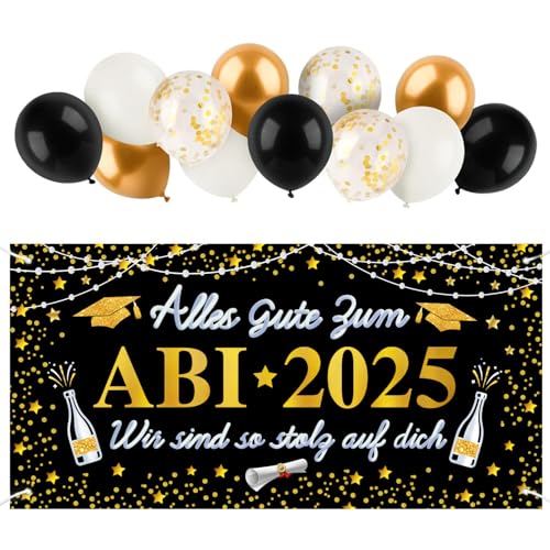 90x180cm Banner ABI 2025 Schwarz Gold Deko Banner Polyester und 12 Pcs Luftballons (12 Zoll) Graduation Deko für Abi Abschlussfeiern Abitur Abschlussparty Hintergrund Prüfung Bestanden Geschenke usw. von BETESSIN
