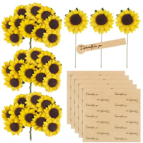 BETESSIN 100Pcs Künstliche Sonnenblumen 3,5cm Kunstblumen mit 90 Stickers Dekoblumen Klein mit Metalldraht Gefälschte Blumen mit Stiel Party Hochzeit DIY Scrapbook Karten Dekoration Hellgelb von BETESSIN