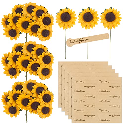 BETESSIN 100Pcs Künstliche Sonnenblumen 3,5cm Kunstblumen mit 90 Stickers Dekoblumen Klein mit Metalldraht Gefälschte Blumen mit Stiel Party Hochzeit DIY Scrapbook Karten Dekoration von BETESSIN