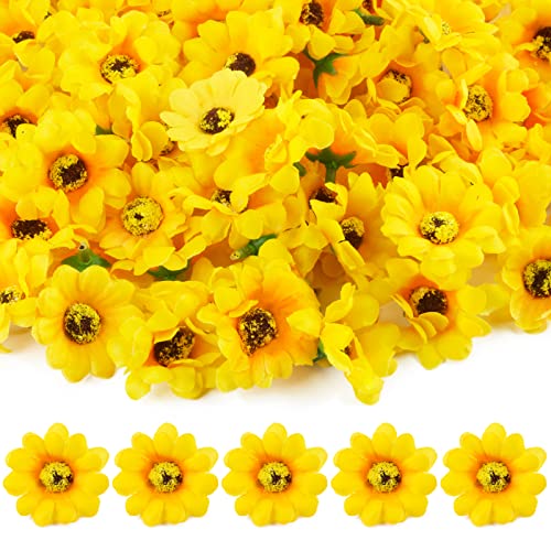 BETESSIN 100Pcs Künstliche Sonnenblumen Klein 4,5CM Sonnenblume Köpfe Gänseblümchen Kunstblumen Deko Blütenköpfe Blumenköpfe zum Basteln Stoffblumen Gelb für Hochzeit Feste Party von BETESSIN