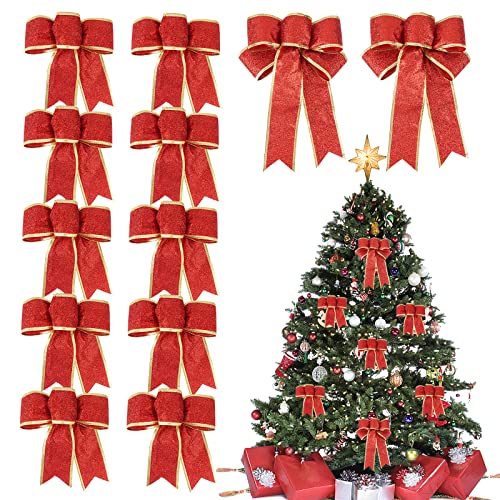 BETESSIN 12 Stücke Weihnachtsschleifen Rot Weihnachten Schleifen Deko Weihnachtsbaum Schleifen Glitzer Weihnachtsbaumschmuck Weihnachtsdeko Weihnachtskranzdeko Homedeko von BETESSIN