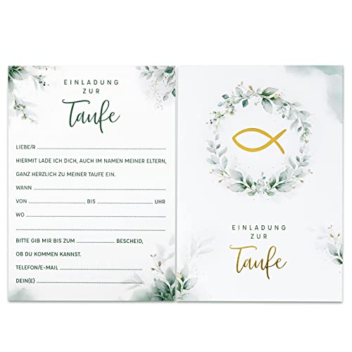 12 x Einladungskarten zur Taufe Din-A6 Karten mit Elegantes Blättermotiv und Umschlägen für Einladungen zur Taufe Jungen und Mädchen Tauf Dekoration Baptism usw. von BETESSIN