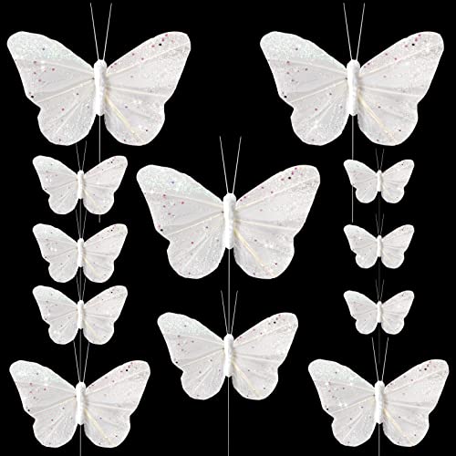 BETESSIN 12Pcs Schmetterlinge Deko mit Draht 3D Weiß Schmetterling Dekoration Tisch Torte DIY Geschenkverpackung Ostern Hochzeit Party Zimmer Dekoration Fenster Garten Wanddeko in 4 Größen von BETESSIN