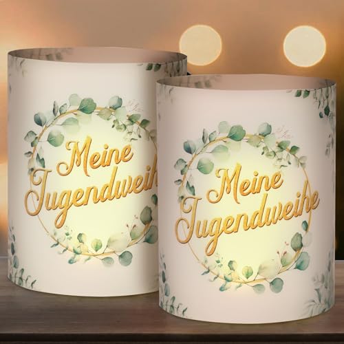 BETESSIN 12x Windlichter Tischdeko Jugendweihe - Meine Jugendweihe Deko - Lichthülle im Eukalyptus Design - Windlicht Tischdekoration zur Jugendweihe BETESSIN 12x Windlichter Tischdeko Jugendweihe - Meine Jugendweihe Deko - Lichthülle im Eukalyptus Design - Windlicht Tischdekoration zur Jugendweihe von BETESSIN