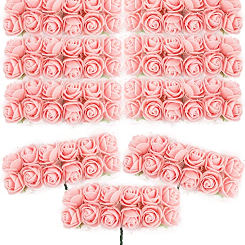 BETESSIN 144 STK. Künstliche Rosen Mini Schaumrosen mit Tüll Fleischrosa Deko Blumen Schaum mit Stiel 2cm Kunstrosen Köpfe DIY Rosenköpfe Künstlich zum Basteln Party Hochzeit Brautstrauß Geschenk von BETESSIN