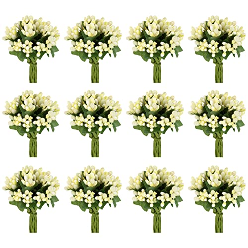 BETESSIN 144Stk. Künstliche Blumen Staubblätter zum Basteln Kunstblumen Klein Deko Blumen Staubblatt mit Blätter Blütenstempel Stoffblumen für Hochzeit Party Einladung Gastgeschenk Milchweiß von BETESSIN