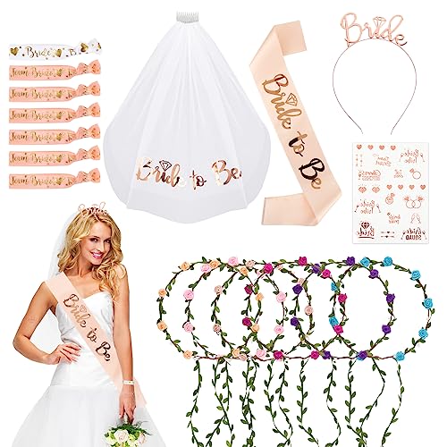 BETESSIN 17Pcs JGA Accessoires Frauen Bride to Be Schärpe Braut Schleier Kurz Hochzeit Blumenkranz Junggesellinnenabschied Deko Set Team Braut Tattoos Haarreif Armbänder JGA Bachelorette Party von BETESSIN