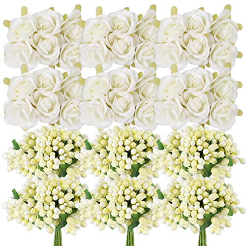 BETESSIN 204Pcs Künstliche Rosen Blumen Klein Kunstblumen mit Falsche Rosenknospe Kunstrosen zum Basteln mit Stiel Weiß Kunstblumen Klein Stoff Dekoblumen Hochzeit Party Blumenstrauß von BETESSIN