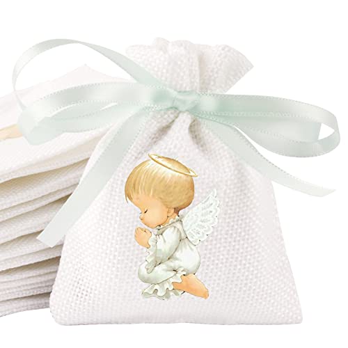 BETESSIN 24 Stück Jutesäckchen mit Kordelzug Jutebeutel Weiß Leinensäckchen mit Schutzengel Motiv Geschenksäckchen 8x10cm Geschenkverpackung für Taufe Babyparty Hochzeit Kommunion Konfirmation usw. von BETESSIN