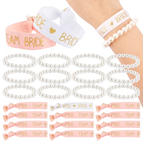 BETESSIN 24 Stücke JGA Armbänder Set für Frauen, 12 Bride Team Bride Armbänder + 12 Künstliche Elastische Perlenarmbänder für Junggesellinnenabschied Braut Hochzeit Hen Party Accessoires von BETESSIN