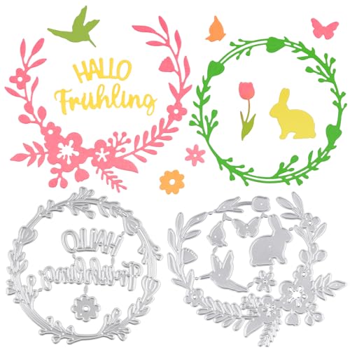 BETESSIN 2pcs Stanzschablonen Frühling Kranz Stanzform Ostern Blumenkranz Hasen Stanzen Cutting Dies Metall Prägeschablonen Kartenbasteln Grußkarte Scrapbooking von BETESSIN