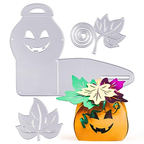 BETESSIN 3Pcs Halloween Cutting Dies Stanzschablone Box Kürbis Schachtel mit 2 Blätter Herbst Stanzformen Süßigkeitenbox Klein Metall Prägeschablonen für Geschenk von BETESSIN