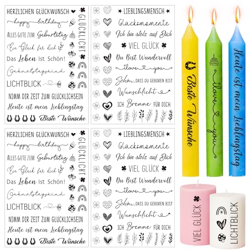 BETESSIN 4pcs Kerzentattoos Geburtstag Kerzen Tattoo Folie Happy Birthday Glückwünsch Kerzensticker Lieblingsmensch Kerzensprüche Wasserschiebefolie Kerzen Aufkleber DIY Geschenk für Kerze Tasse von BETESSIN