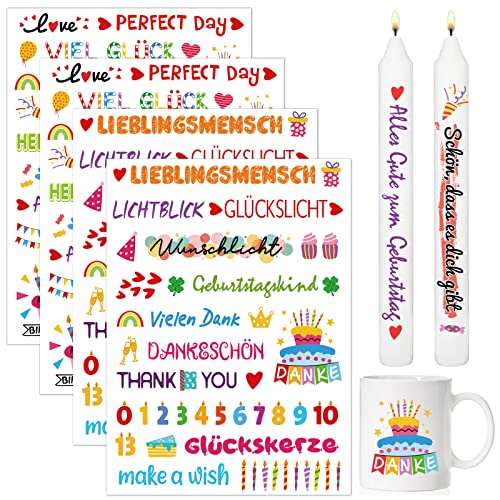 BETESSIN 4x Kerzen Tattoofolie Bunt Kerzenfolie Geburtstag für bis zu 60 Kerzen Kerzensprüche Happy Birthday Wasserschiebefolie Kerzentattoo Sprüche Kerzensticker DIY Tasse Kerze Geschenk D von BETESSIN