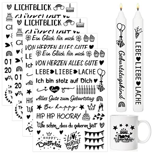 BETESSIN 4x Kerzen Tattoofolie Kerzenfolie Geburtstag für bis zu 60 Kerzen Kerzensprüche Happy Birthday Wasserschiebefolie Kerzentattoo Sprüche Kerzensticker DIY Kerzen Tassen Geschenk C von BETESSIN