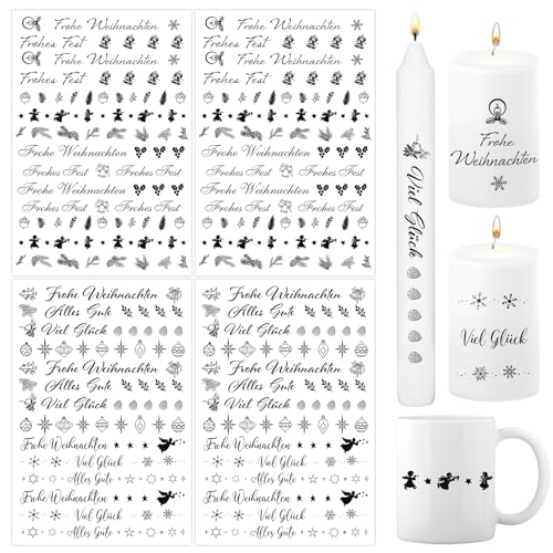 BETESSIN 4x Kerzen Tattoos Folie Kerzentattoo Frohe Weihnachten Sprüche Sticker Schwarz Kerzensprüche Merry Christmas Kerzensticker für Stabkerzen Kleine Kerzen Tasse DIY Geschenk von BETESSIN