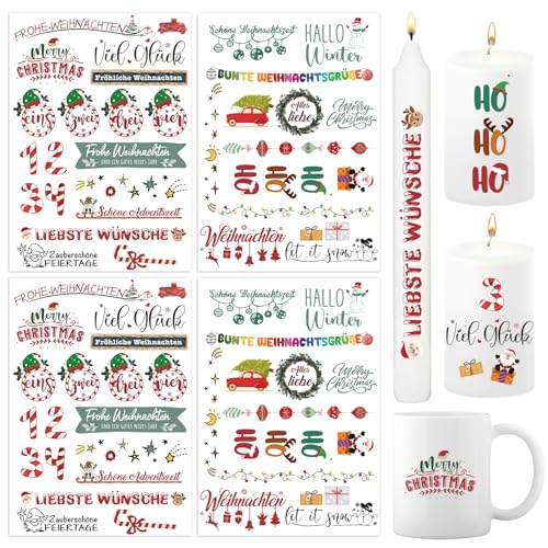 BETESSIN 4x Kerzen Tattoos Folie Weihnachten Advent Kerzentattoo Kerzenfolie Sprüche Sticker Bunte Xmas Kerzensprüche Merry Christmas Kerzensticker für Stabkerzen Kleine Kerzen Tasse DIY Geschenk von BETESSIN