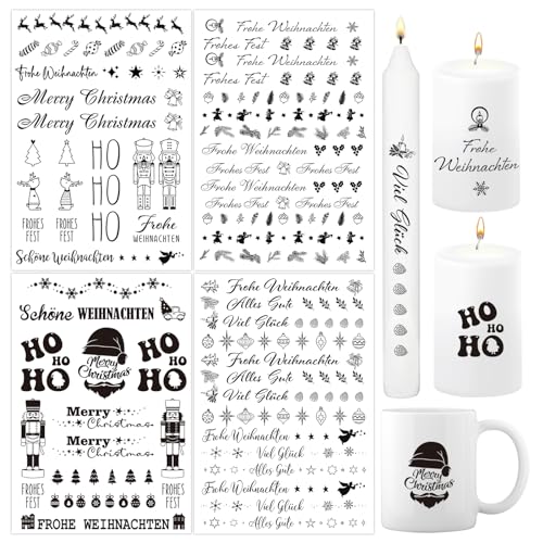 BETESSIN 4x Kerzen Tattoos Folie Weihnachten Kerzentattoo Kerzen Aufkleber Schwarz Kerzenfolie Sprüche Sticker Kerzensprüche Merry Christmas Kerzensticker für Stabkerzen Kleine Kerzen Tasse Stil C von BETESSIN