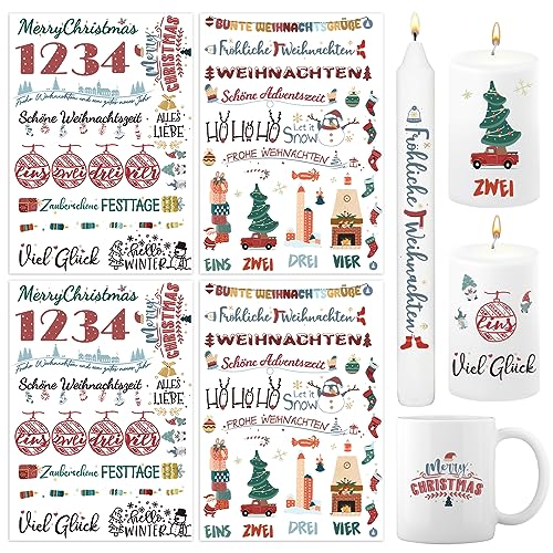 BETESSIN 4x Tattoos Folie Weihnachten Kerzentattoo Kerzenfolie Sprüche Sticker Aufkleber Xmas Kerzensprüche Merry Christmas Kerzensticker für Stabkerzen Kleine Kerzen Tasse DIY Geschenk A von BETESSIN