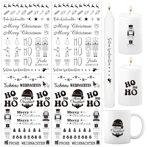 BETESSIN 4x Kerzen Tattoos Folie Weihnachten Kerzentattoo Schwarz Kerzenfolie Sprüche Sticker Aufkleber Xmas Kerzensprüche Merry Christmas Kerzensticker für Stabkerzen Kerzen Tasse DIY Geschenk von BETESSIN