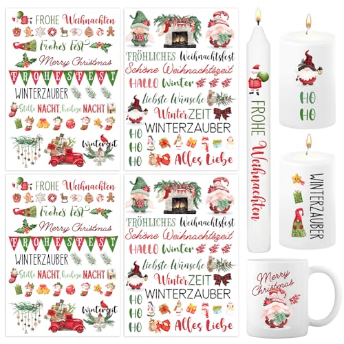 BETESSIN 4x Kerzen Tattoos Folie Weihnachten Kerzentattoo Zwerge Bunte Kerzenfolie Sprüche Sticker Aufkleber Xmas Kerzensprüche Merry Christmas Kerzensticker für Stabkerze Kerzen Tasse DIY Geschenk von BETESSIN