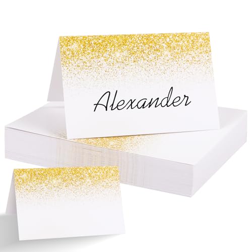 BETESSIN 50 Stück Hochzeit Tischkarten mit Goldenem Glitzerpulver-Design - Blanko Namenskarten zum Beschriften - Platzkarten für Hochzeit, Geburtstag, Konfirmation, Kommunion, Taufe und mehr von BETESSIN