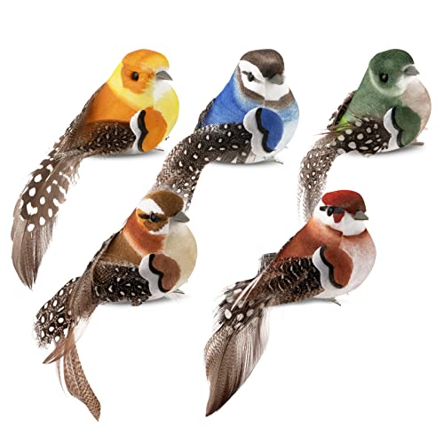 BETESSIN 5Pcs Vogel Deko Figuren Künstliche Vögel Deko mit Clip Bunt Vogelfigur mit Halterungsklammer Mini Vogel Dekofigur für Garten Frühling Deko Party Dekoration von BETESSIN