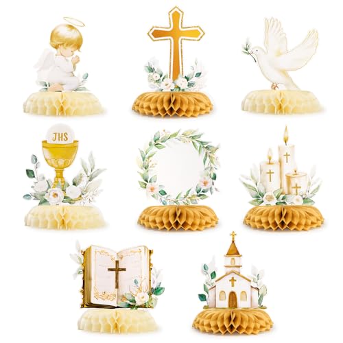 BETESSIN 8 Stück Kommunion Tischdeko - Bienenwabe Mittelstück mit christlichen Motiven - Tischdekoration zur Kommunion, Konfirmation, Taufe, Firmung, Sakrament uvm. von BETESSIN