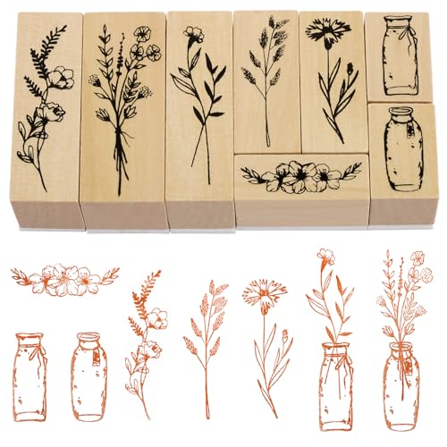 BETESSIN 8Pcs Stempel Holz Blumen Holzstempel zum Basteln Vintage Pflanzen Motivstempel Set Klein für Kartenbasteln Scrapbooking Bullet Journal Geschenkverpackung von BETESSIN