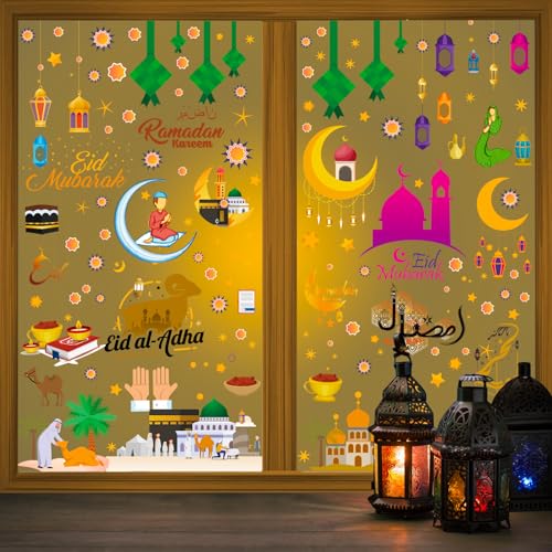 BETESSIN Fensterbilder Ramadan Fensterdeko 164Stück Eid Mubarak Fensterbilder Ramadan Deko Sticker Selbstklebend 9Blatt Eid al-Fitr Deko Sterne Mond Abziehbilder Aufkleber Islam Muslim Halbmond Party von BETESSIN