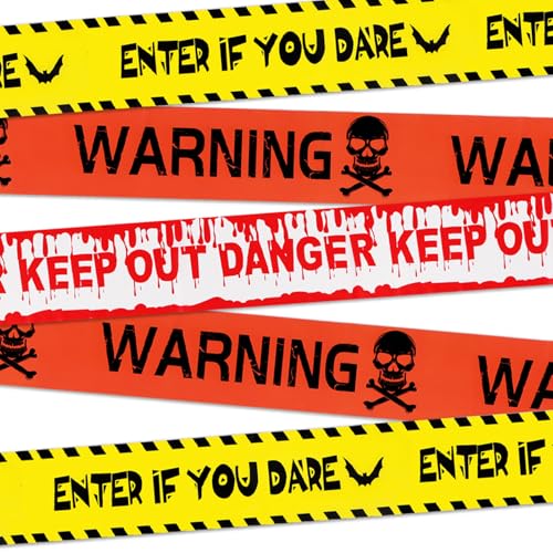 BETESSIN Absperrband Halloween Horror Deko - 7.6cm x 21m Halloween Warnbänder in 3 Rollen - Gruselige Halloween Deko für Outdoor, Garten, Türen - Caution Tape für Zombie Party, Halloween Party von BETESSIN