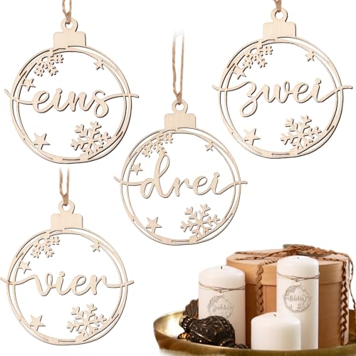 BETESSIN Adventskranz Zahlen 1-4 - 4er Set Holzzahlen für Kerzen & Kerzenhalter - Adventszahlen im Weihnachtskugel Stil - Adventskranz Deko Holz - Kerzenanhänger für Adventskranzkerzen (⌀5cm) von BETESSIN