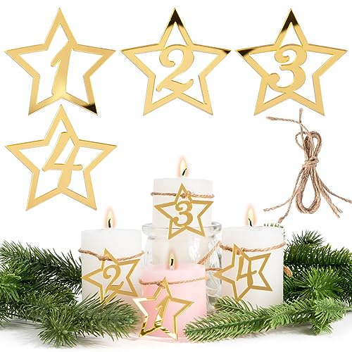 BETESSIN Adventskranz Zahlen 1-4 Adventszahlen Kerzen 1 2 3 4 Advent Zahlen Kerzenhalter Sternenform Kerzenanhänger Deko für Adventskranz Acryl Adventskalender Kerzen Zahlen Advent Weihnachtsdeko Gold von BETESSIN