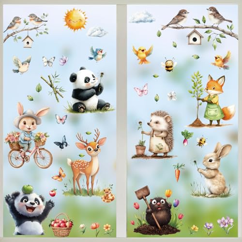 BETESSIN Fensterbilder Frühling Kinder - 9 Bögen Tiere Fensterbilder für Kinderzimmer - Statisch Haftende Fensteraufkleber Selbstklebend - Fensterdeko für Frühling, Sommer von BETESSIN